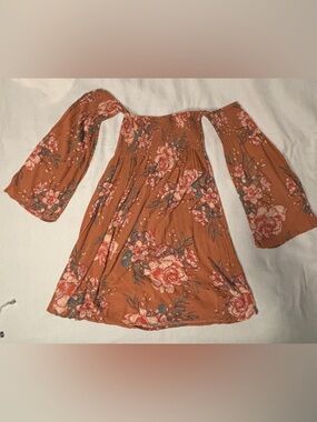 Billabong Night Fox Smocked Off-Shoulder Mini Dress - Floral Bell Sleeve Boho M